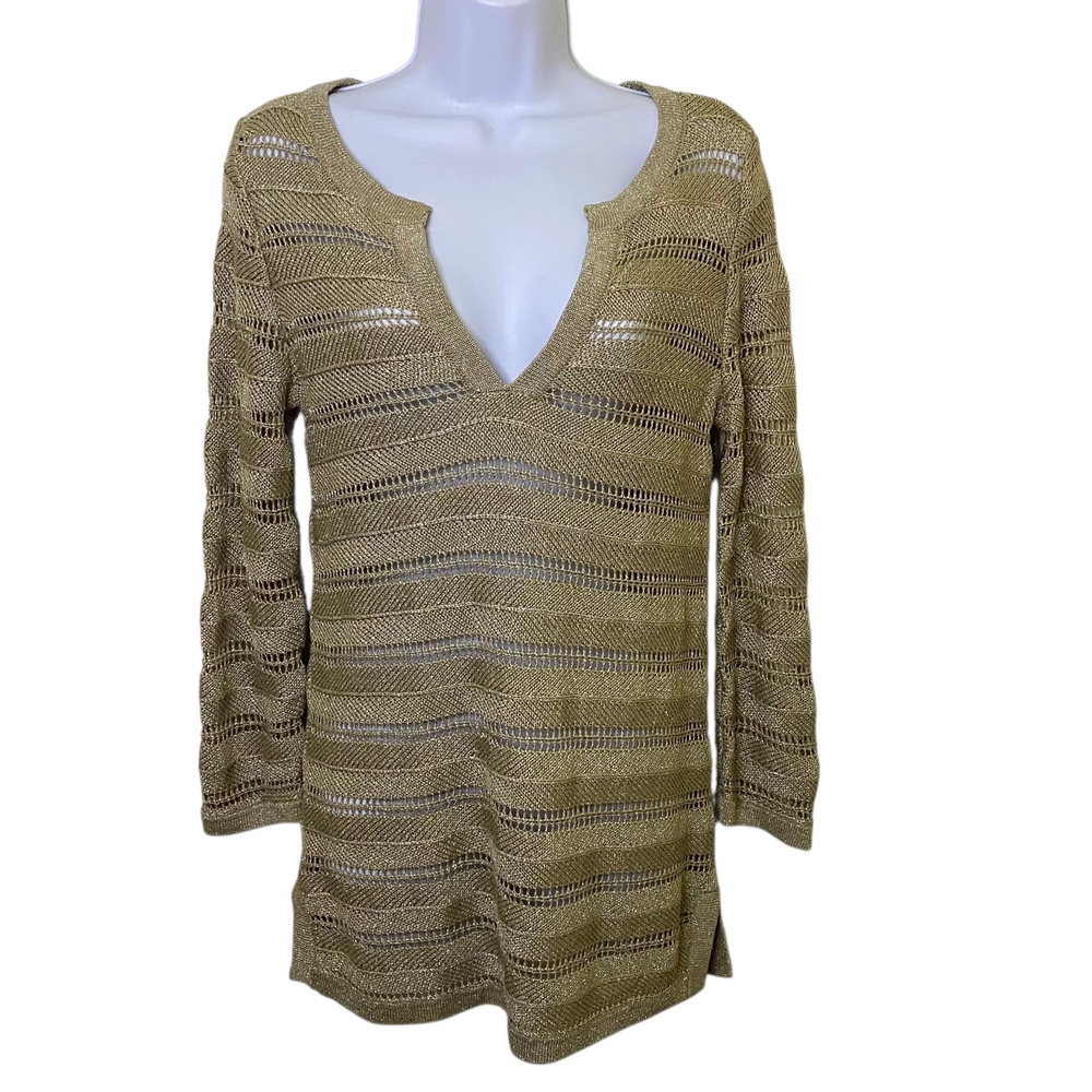 Talbots Medium‎ Gold Metallic Tunic Crochet V-Neck Sweater